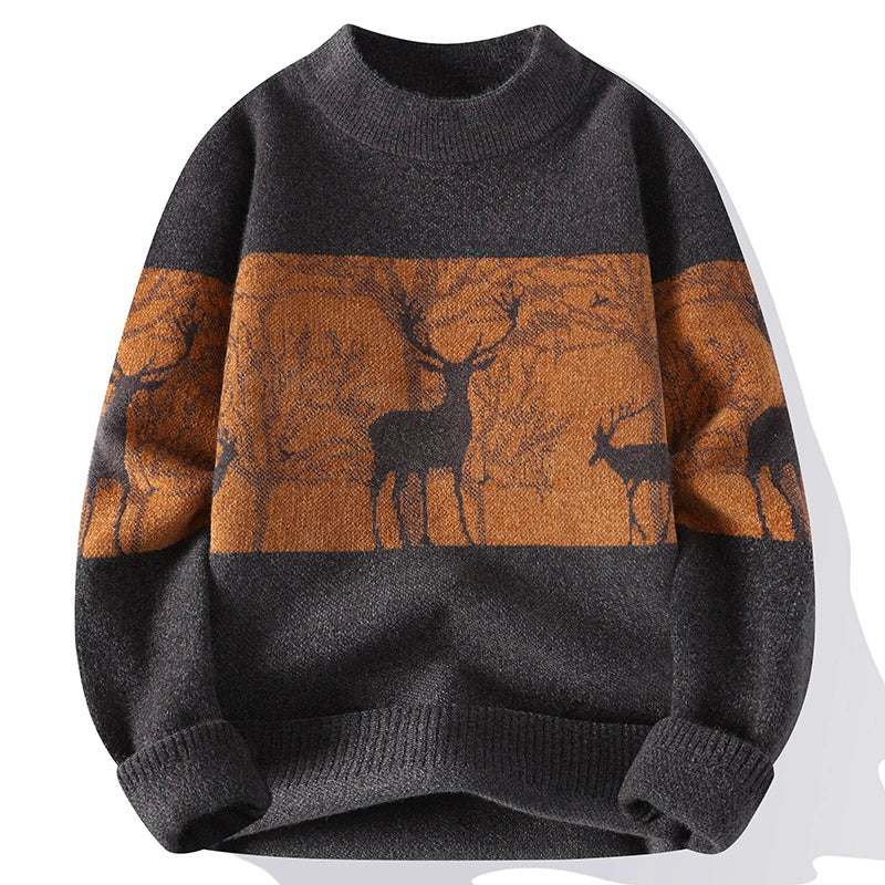 Mens Loose Fit Knit Pullover Sweater With Mock Neck Ribbed Trim Deer Pattern Nordic Style