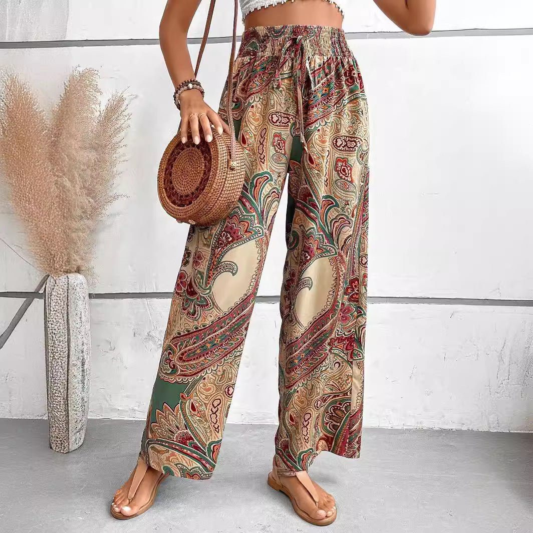Women’s Wide-Leg Pants – Relaxed Fit – Boho Print – Lightweight Drape – Elastic Waist