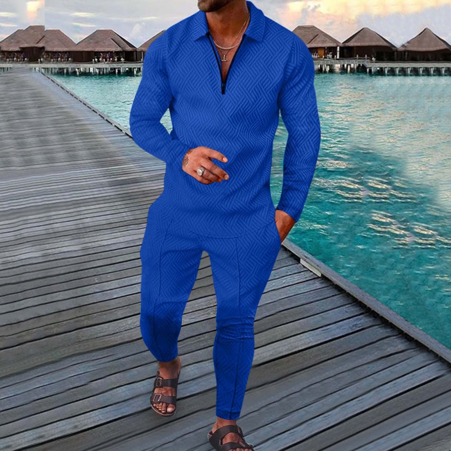 Men's Two Piece Slim Fit Sports Leisure Suit With Breathable 3D Print Long Sleeve Polo By TrendAura