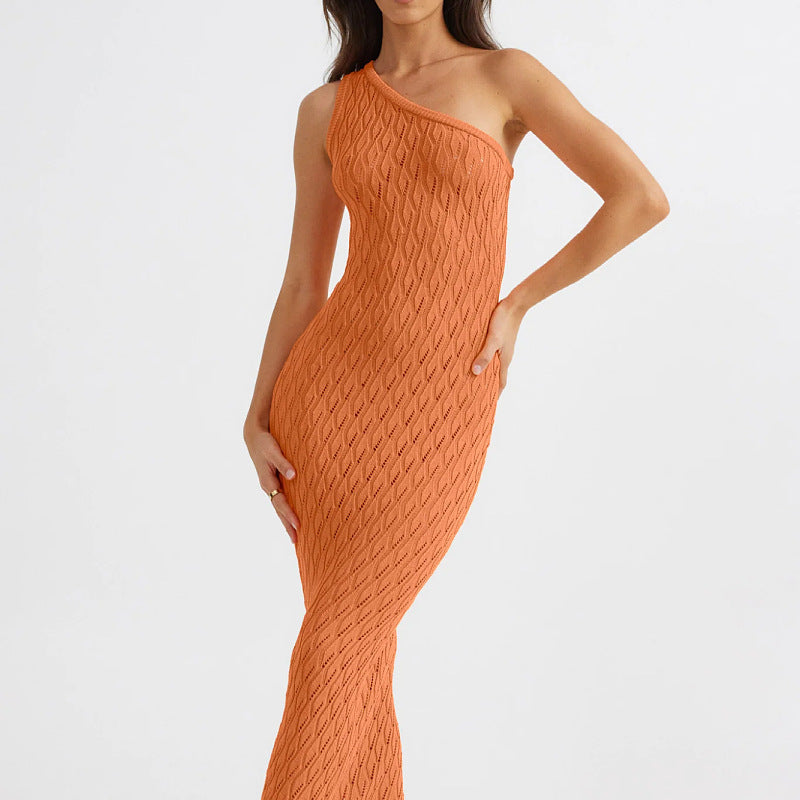 Dress for women – Asymmetric shoulder – Tight fit – Open knit – Ankle length
