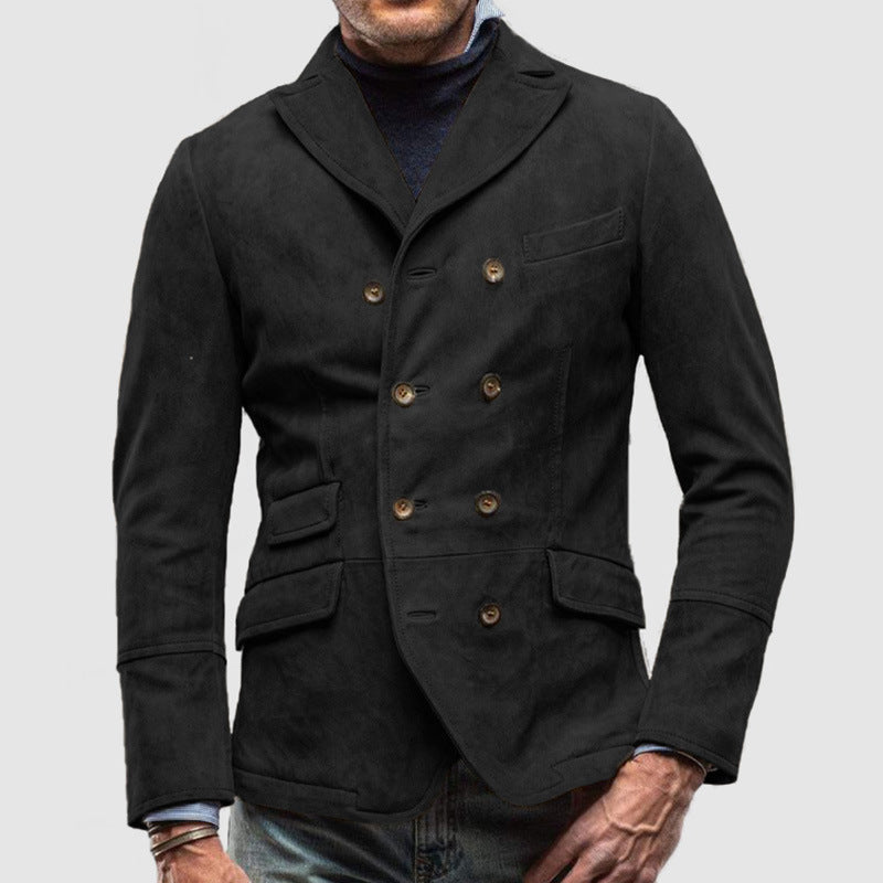 Men's Double Breasted Jacket With Tailored Fit And Suede Like Texture Notch Lapel