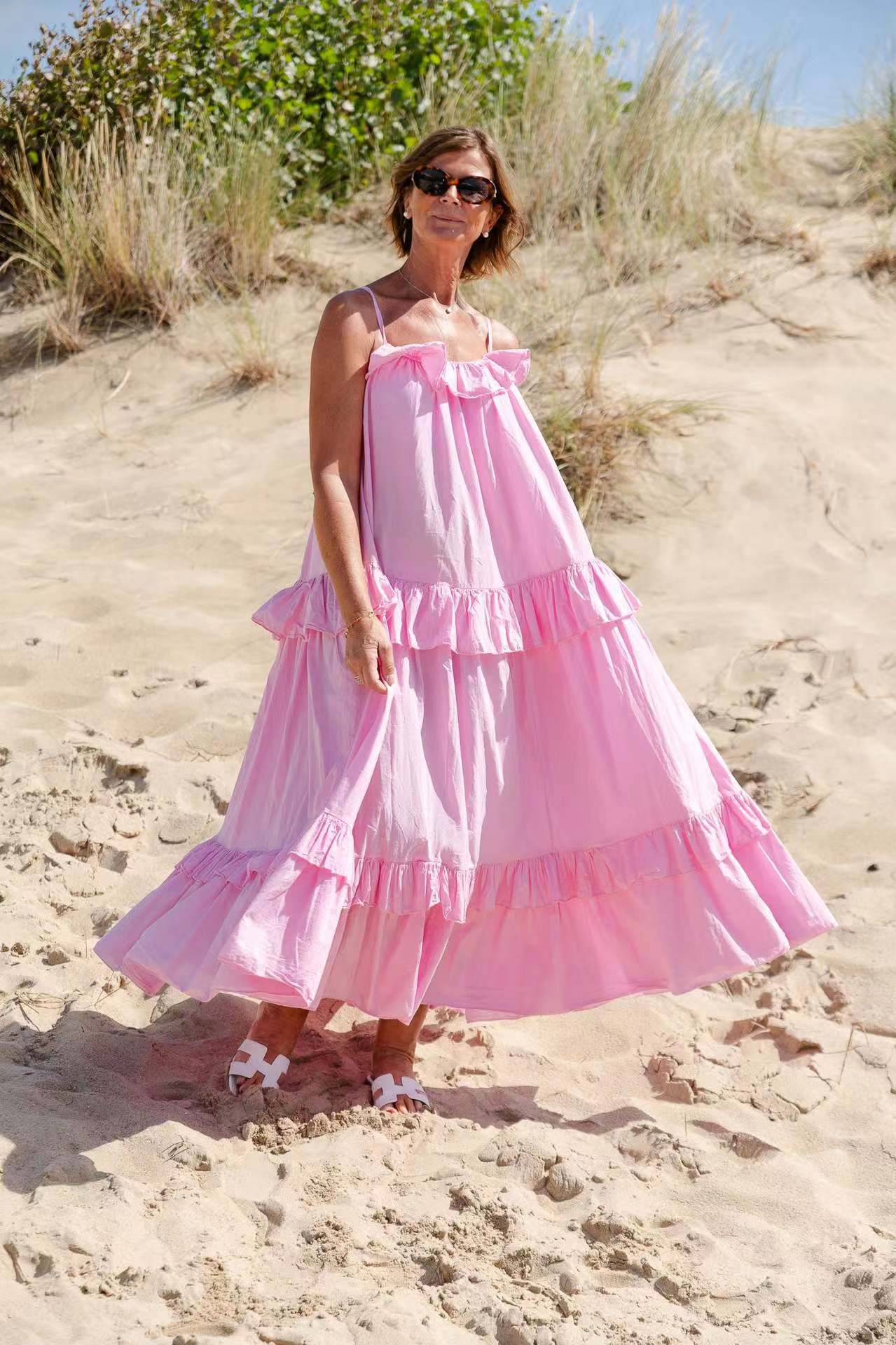 Women’s Maxi Dress – Flowy Fit – Cotton Blend – Ruffle Neckline – Tiered Skirt