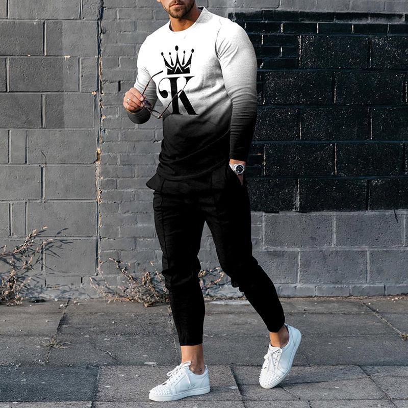 Men's Two-Piece Tracksuit Set Slim Fit With Stretch Fabric And 3D Print Pullover Top And Tapered Pants