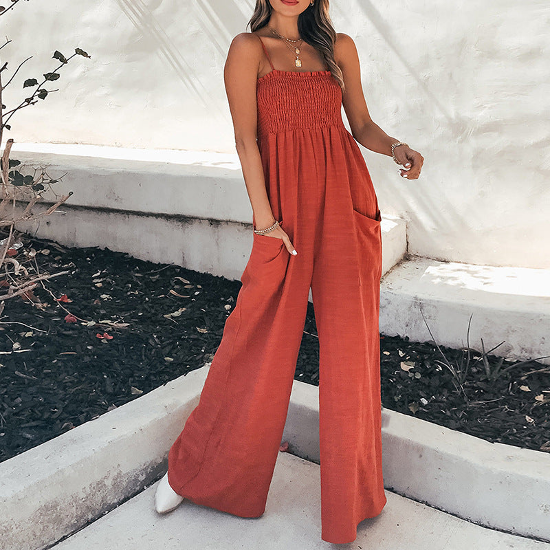 Women's Jumpsuit – Relaxed Fit – Ruched Bodice – Spaghetti Straps – Ankle Length – Lightweight Breathable Fabric – With Pockets