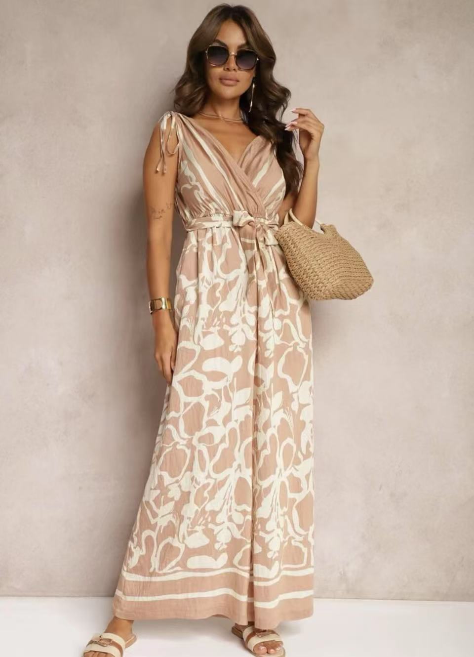 Women's Jumpsuit – Sleeveless V-Neck – Relaxed Fit – Tie Belt – Printed Ankle Length