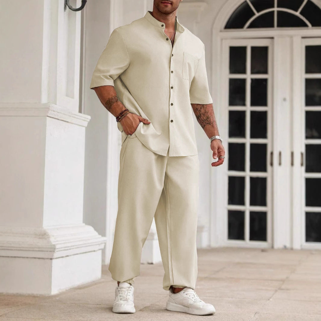 Nordic Flair Mens Relaxed Fit Cotton Linen Short Sleeve Shirt and Trousers 2 Piece Set