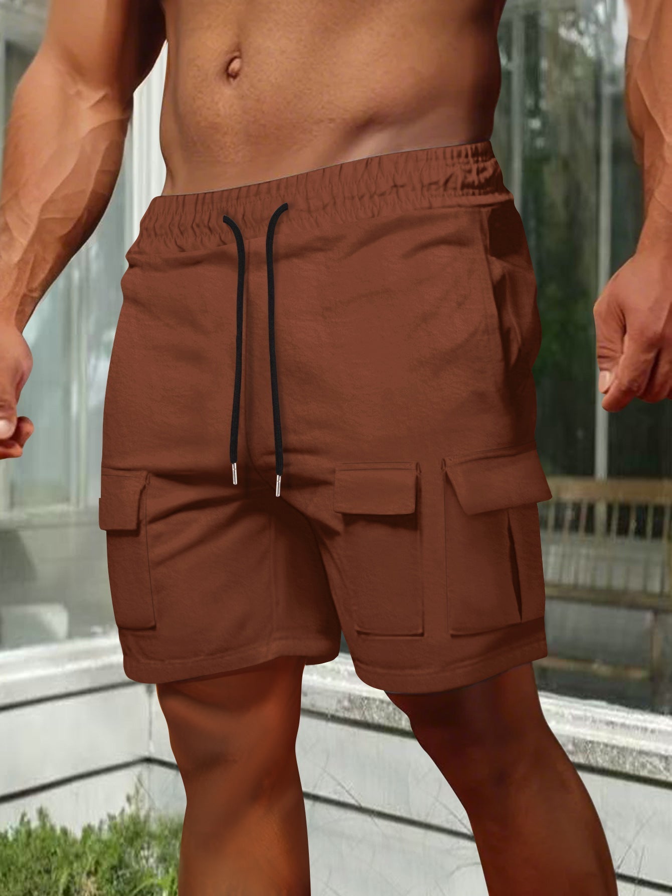 Mens Cargo Shorts Olive Relaxed Fit Breathable Cotton Blend Elastic Waist Utility Pockets
