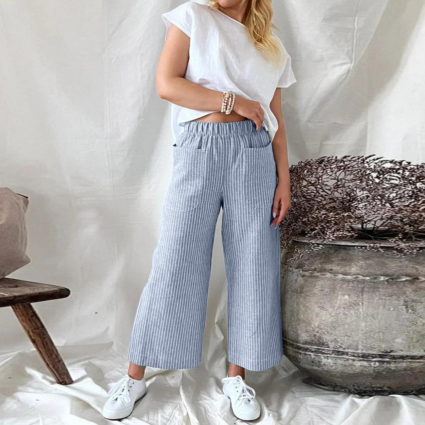 Melissa Loose Stripe Cotton Linen Pants For Women Comfortable Wide Leg Style Breathable Everyday Comfort