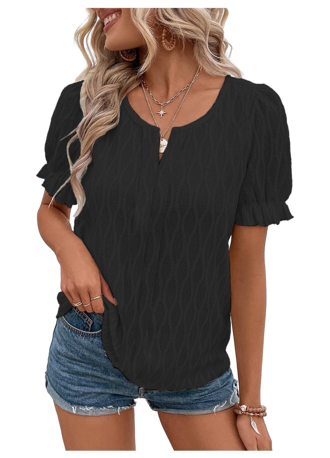 Jacquard Puff Sleeve Top For Women Trendy Loose Fit Comfortable Casual Everyday Wear