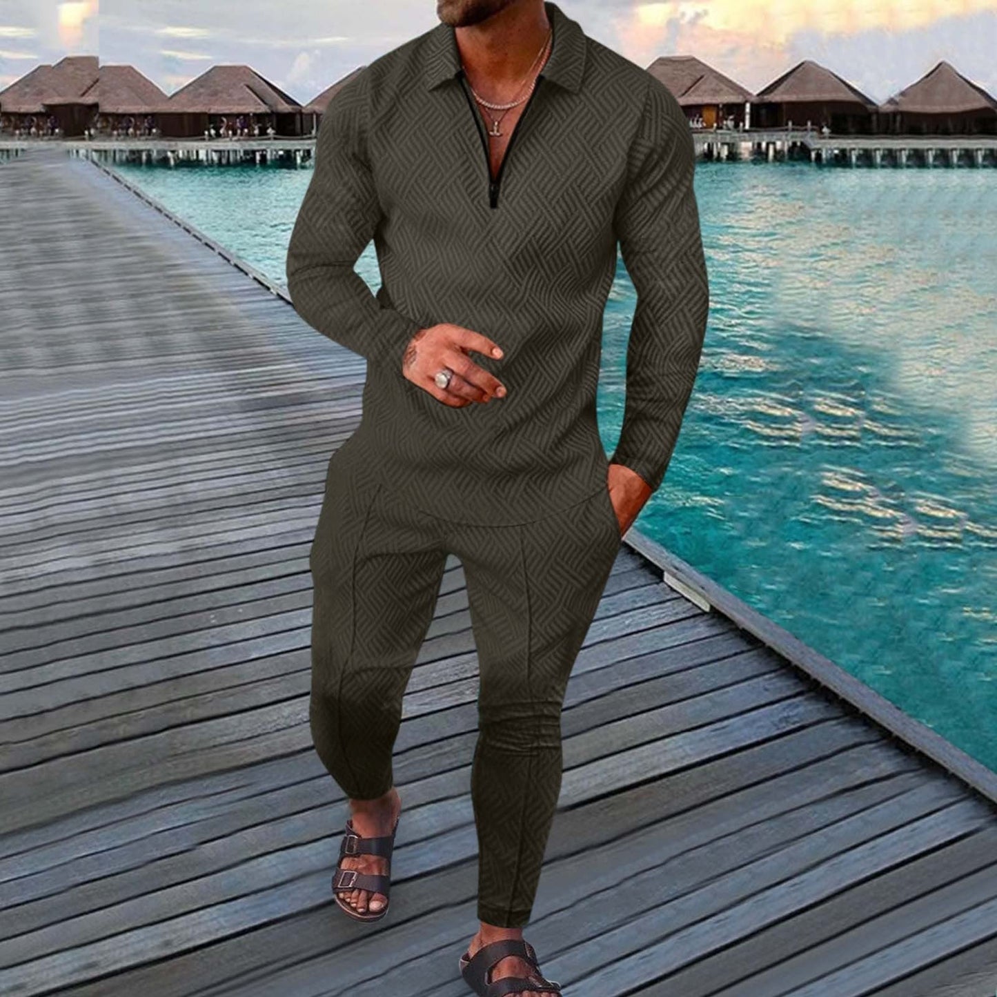 Men's Two Piece Slim Fit Sports Leisure Suit With Breathable 3D Print Long Sleeve Polo By TrendAura