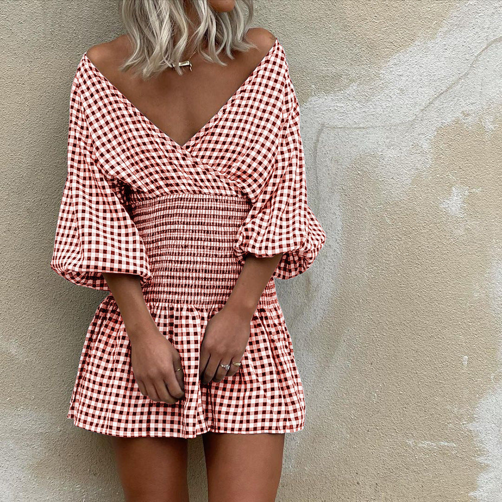 Women's Mini Dress – Cotton Blend – V-Neck – Puff Sleeves – Smocked Waist – Gingham Pattern