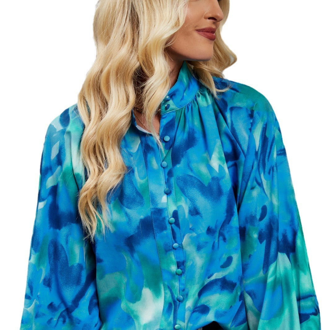 Women's Blouse – Relaxed Fit – Long-Sleeved – Artistic Print – Lightweight and Breathable