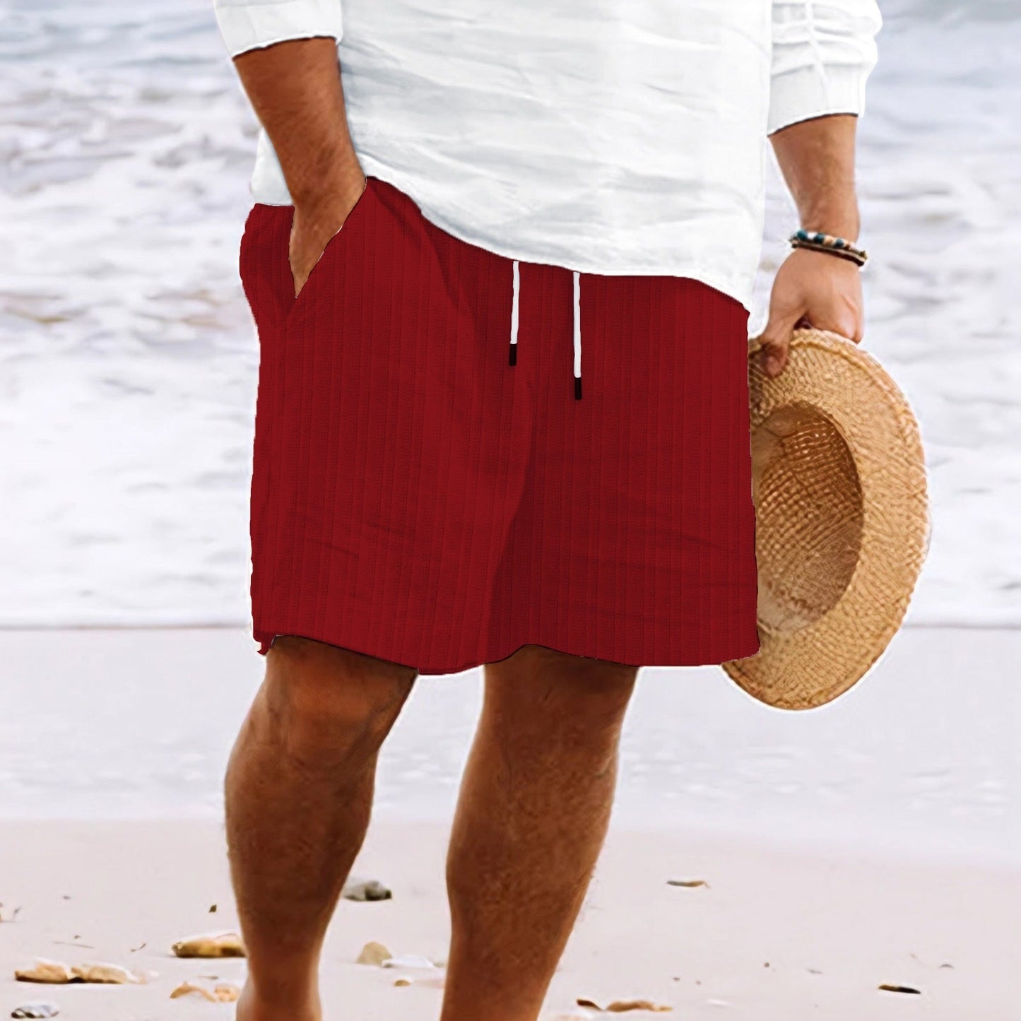 Mens Linen Cotton Blend Relaxed Fit Shorts With Multi Pocket And Elastic Drawstring Waist Couture-Moda