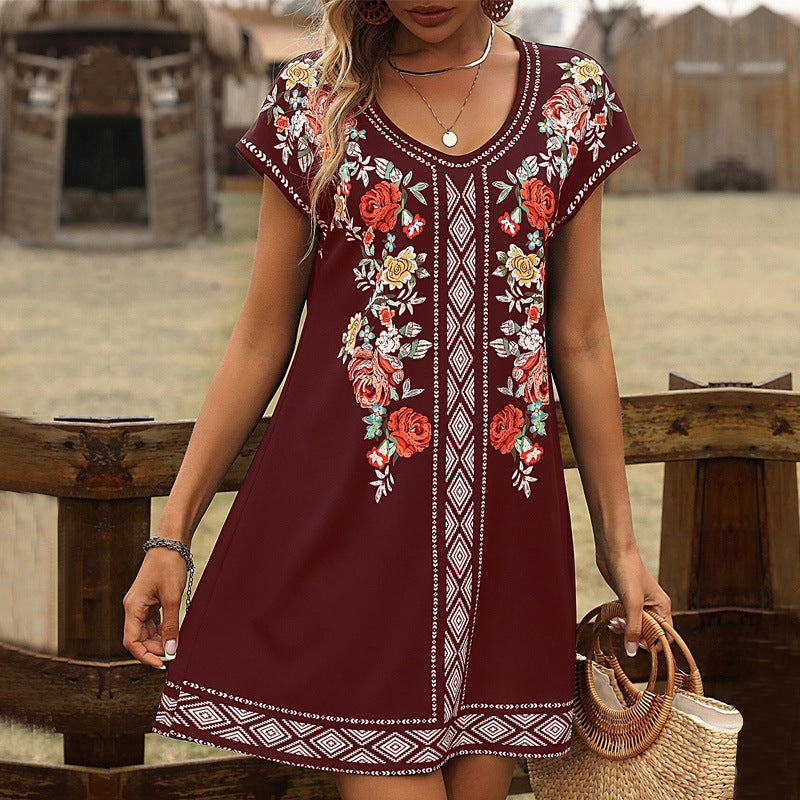 Women’s Tunic Dress – Relaxed Fit – Floral Embroidery – Soft Cotton – V-Neck – Short Sleeve