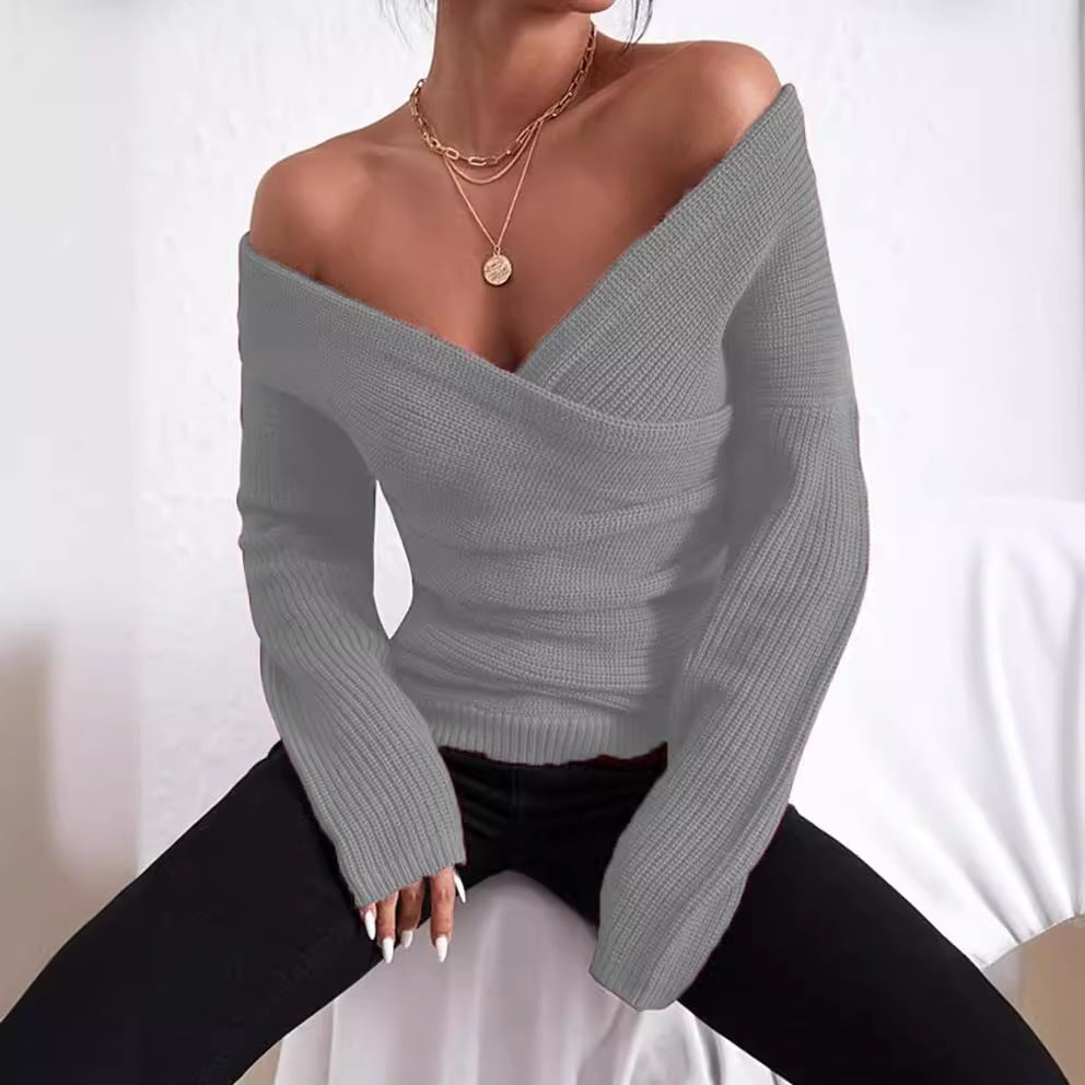 Women’s Sweater – Slim Fit – Ribbed Knit – Off-Shoulder – Wrap V-Neck – Long Sleeve
