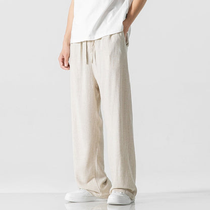 Men's Linen Blend Trousers With Drawstring Waist For Everyday Casual Wear Loose Fit Full Length