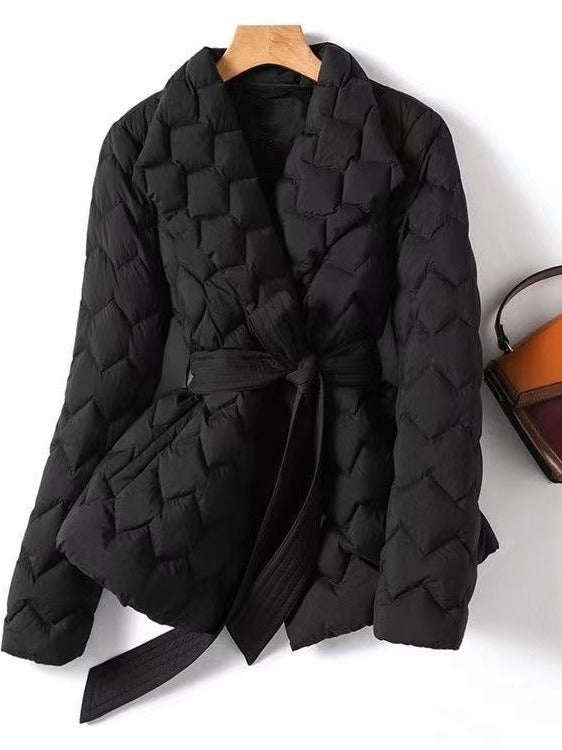 Women’s Quilted Jacket – Tailored Fit – Tie Belt – Hip Length – Notched Collar