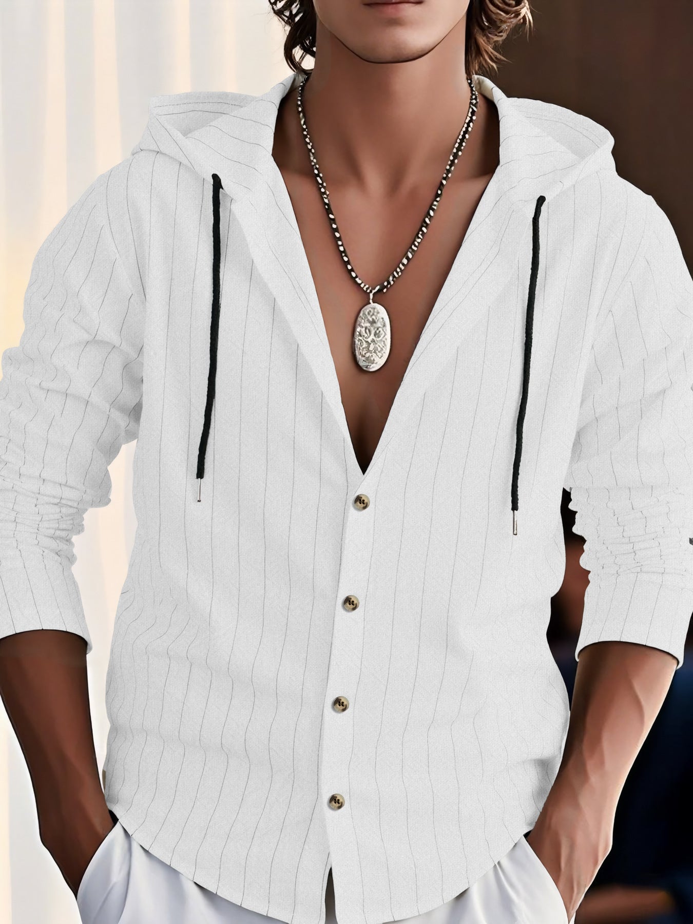 Men's Hooded Blouse In Cotton Blend, Relaxed Fit, Button Front, Textured Stripes Pattern