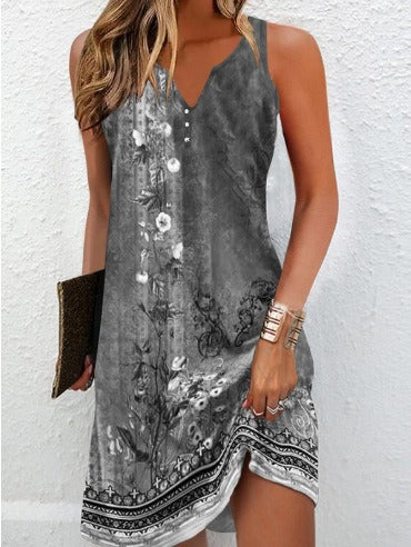 Women’s Dress – V-Neck – Sleeveless – Floral Detail – Asymmetrical Hem – Cotton Blend