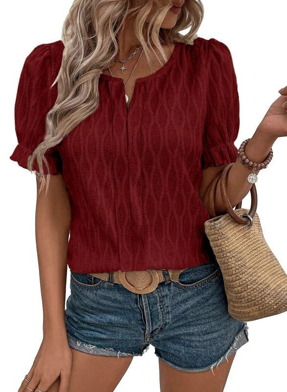 Jacquard Puff Sleeve Top For Women Trendy Loose Fit Comfortable Casual Everyday Wear