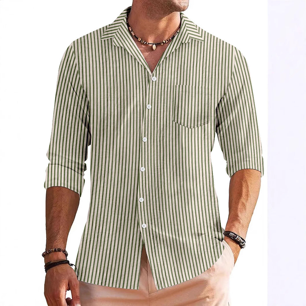 TrendAura Men's Long Sleeve Shirt Regular Fit Striped Pattern Chest Pocket Breathable Material