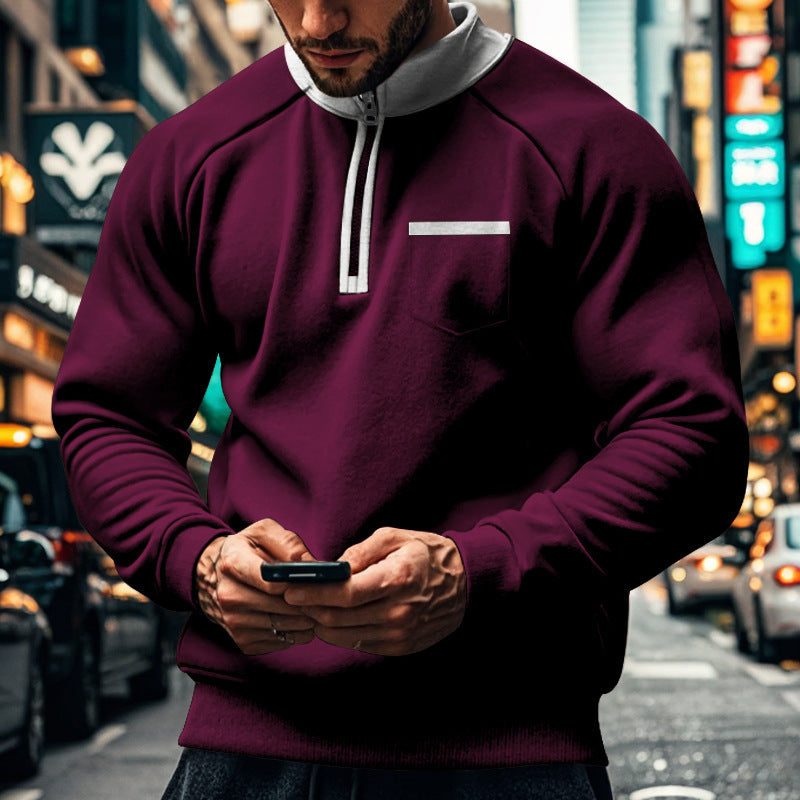 Men's Cotton Blend Zip Neck Sweatshirt With Stand Up Collar And Chest Pocket Regular Fit