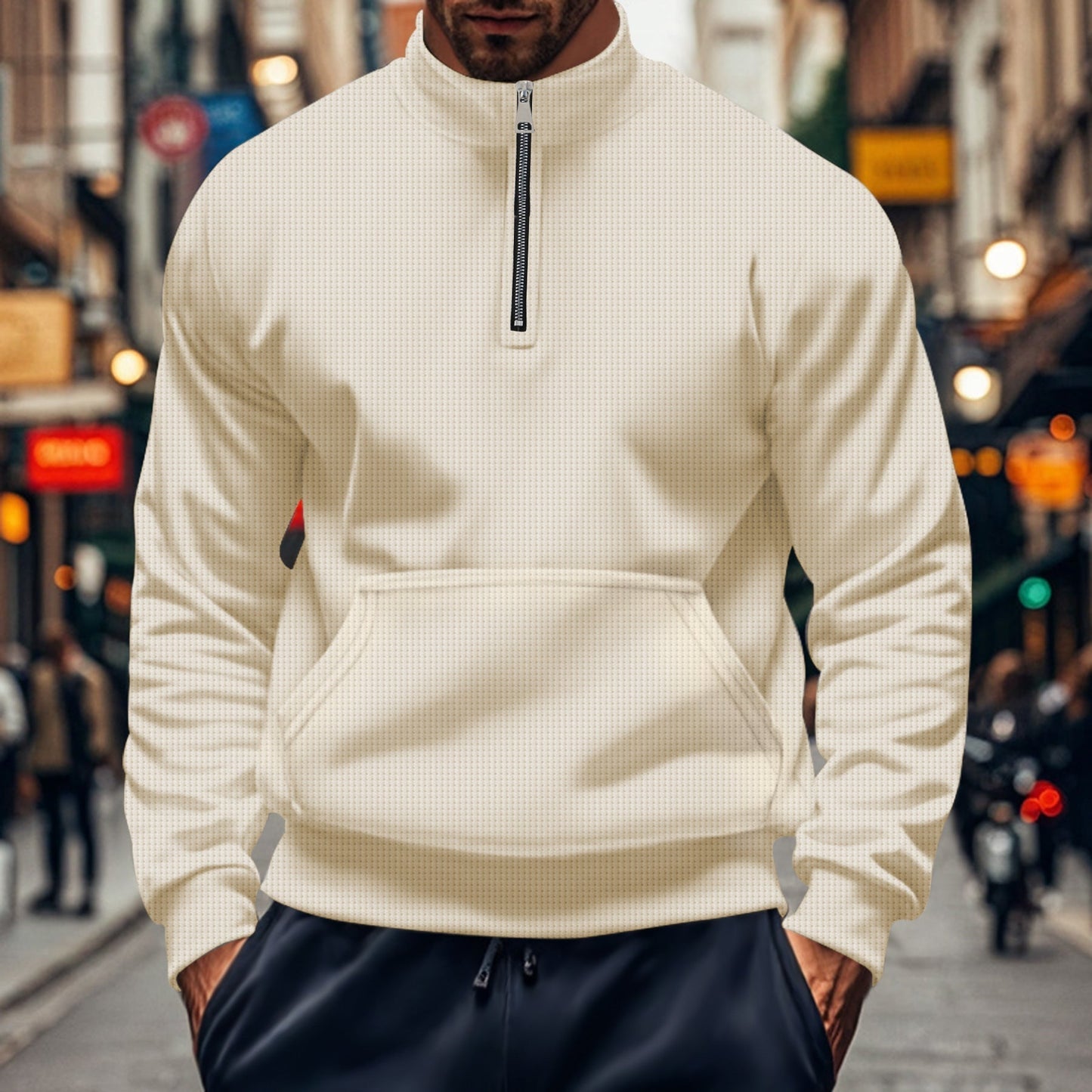 TrendAura Mens Sweatshirt Relaxed Fit Half Zip Kangaroo Pocket Cotton Knit Ribbed Trim For Everyday Wear