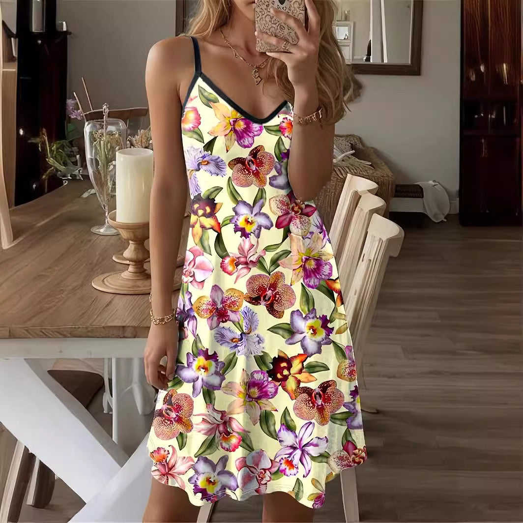 Women’s Mini Dress – A-Line Fit – Spaghetti Straps – V-Neck – Lightweight Cotton Blend