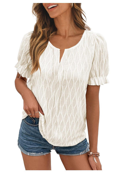 Jacquard Puff Sleeve Top For Women Trendy Loose Fit Comfortable Casual Everyday Wear