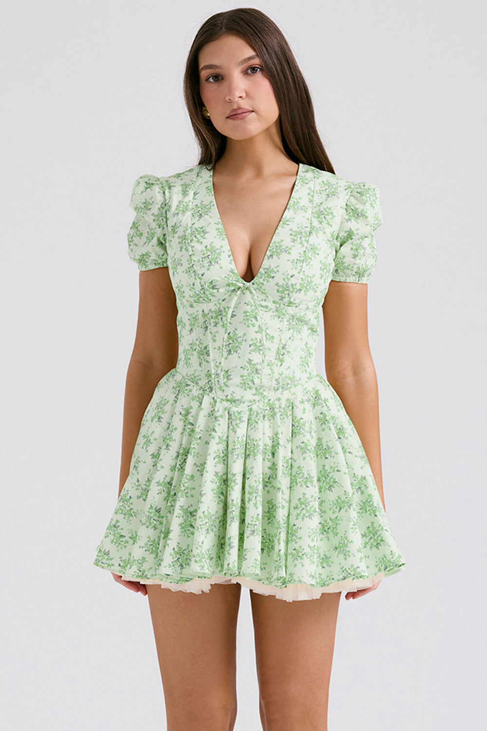 Women's Dress – Mini Dress – Fitted A-line – V-neck – Puff Sleeves – Floral Print