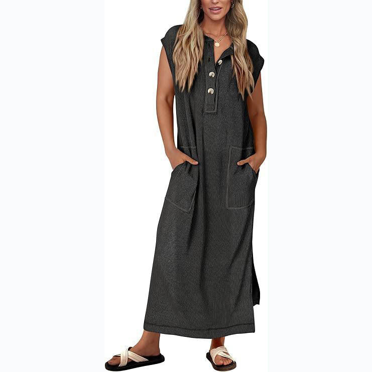 Women’s Maxi Dress – Relaxed Fit – Cotton Linen Feel – Cap Sleeves – Side Pockets