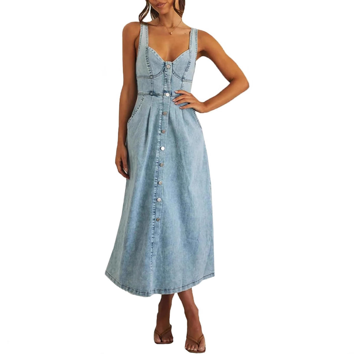 Women's Sleeveless Denim Dress with Button Front and Classic Style - TrendAura