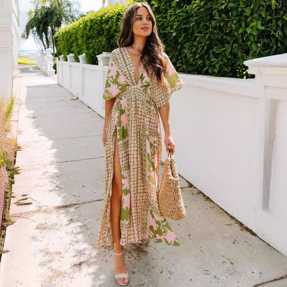 Women's Maxi Dress – Flowy Fit – Wrap Neckline – Floral Pattern – Slit