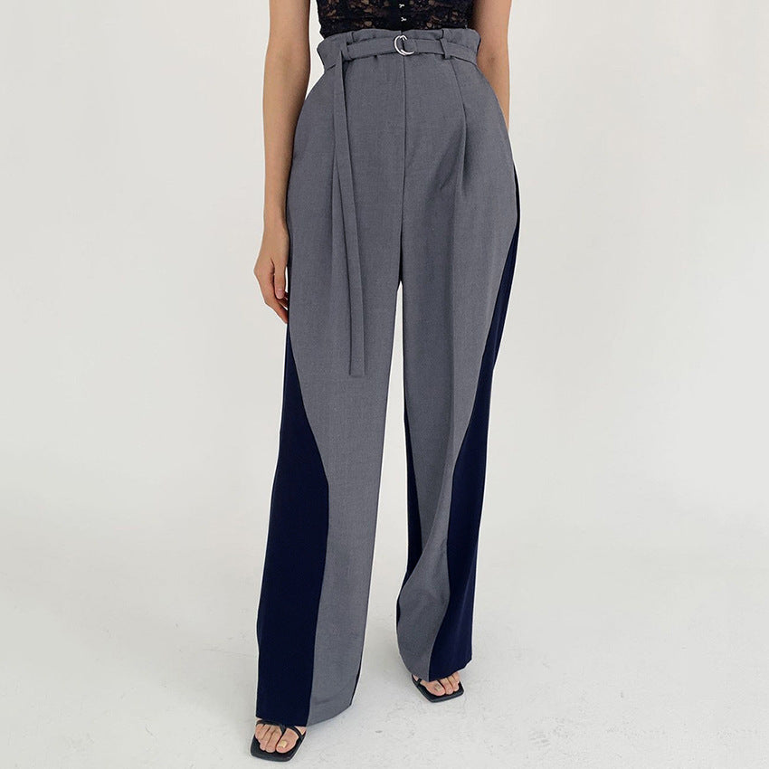 Women's Pants – Wide Leg – High Waist – Belt with Ring – Colorblock Design