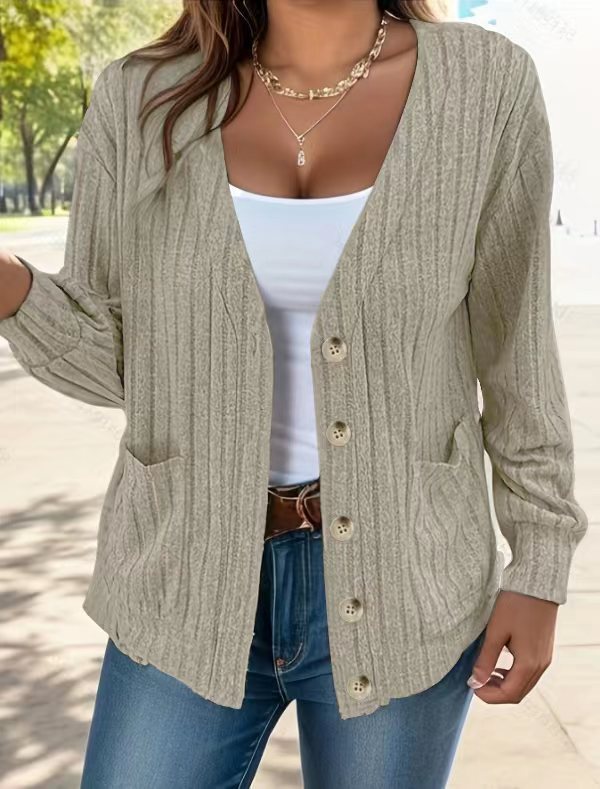 Women’s Cardigan – Relaxed Fit – Ribbed Knit – Button Front – Hip Length – Pockets