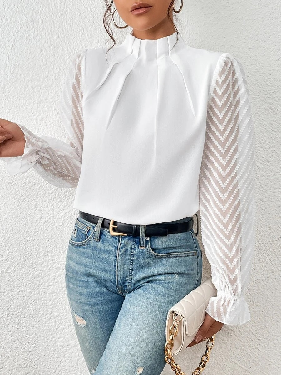 Women's blouse with pleated mesh sleeves | Flared details