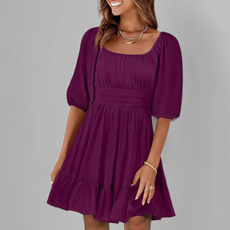 Dress for Women – Cotton – Fit and Flare – Square Neckline – Puff Sleeves – Ruffle Hem