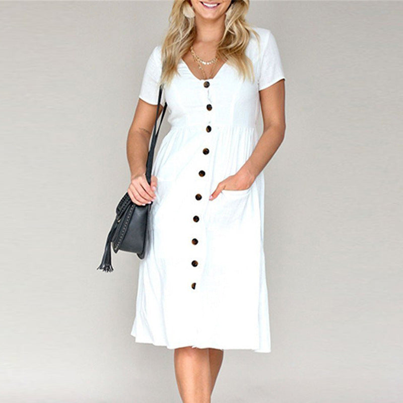 Women’s A-Line Dress – V-Neck – Button Front – Short Sleeve – Cotton Blend – Midi Length – With Pockets