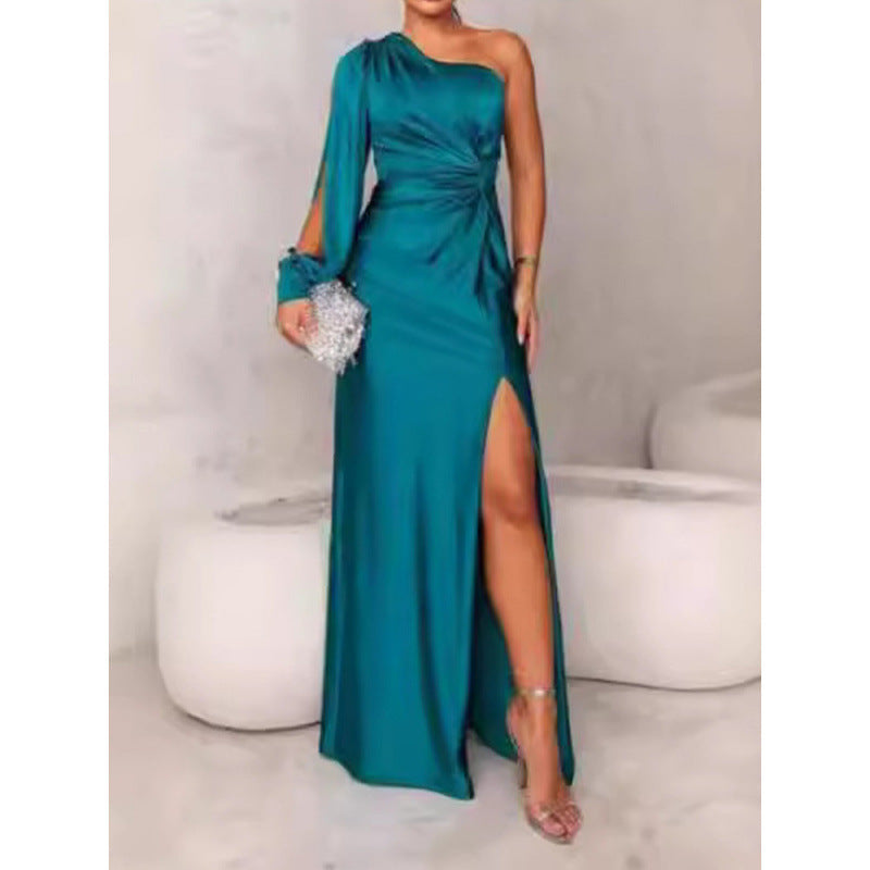 Dress for Women – Maxi Length – Single Shoulder – Satin – Slim Fit – High Slit
