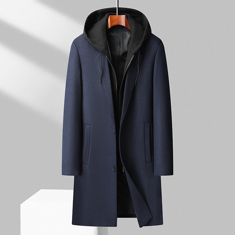 Mens Long Wool Blend Coat With Hooded Design And Classic Button Front Winter Outerwear