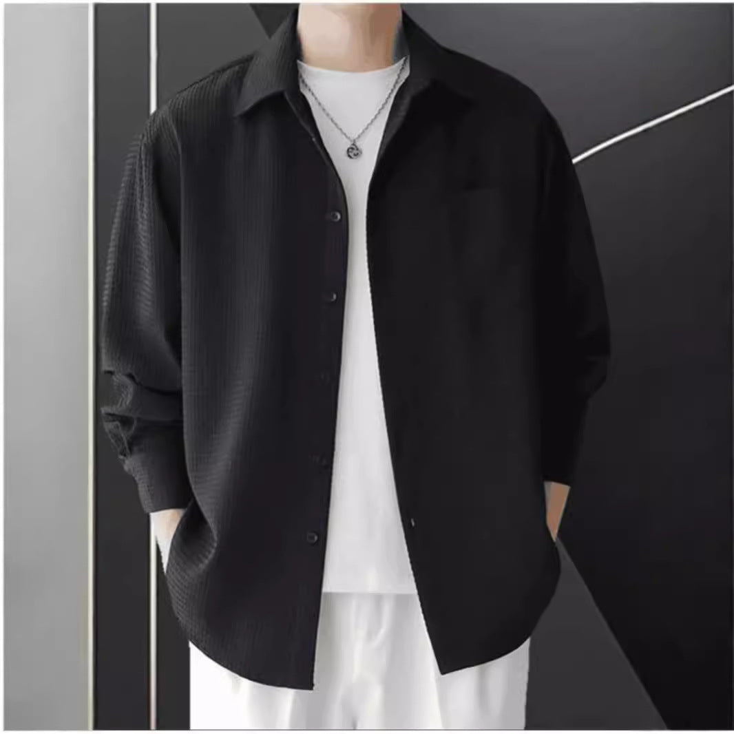 Men's Waffle Knit Shirt With Oversized Fit Long Sleeve Button Closure Casual Style For Everyday Wear