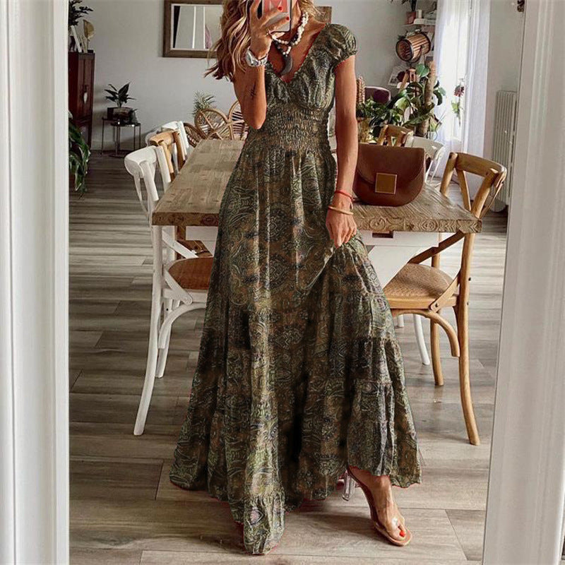 Women’s Maxi Dress – V-Neck – Smocked Bodice – Tiered Skirt – Breathable Cotton