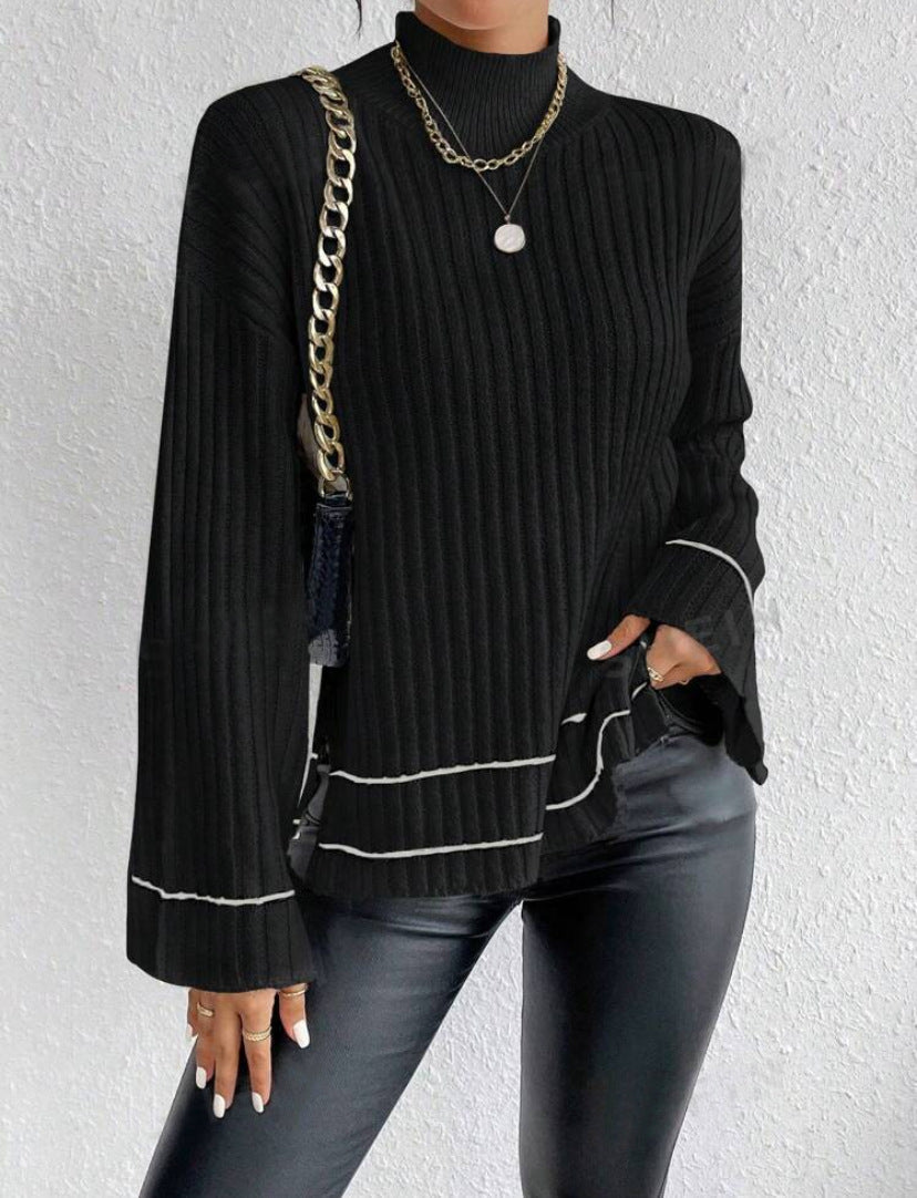 Women's Knit Sweater – Oversized Fit – Ribbed Texture – High Neck – Long Sleeves