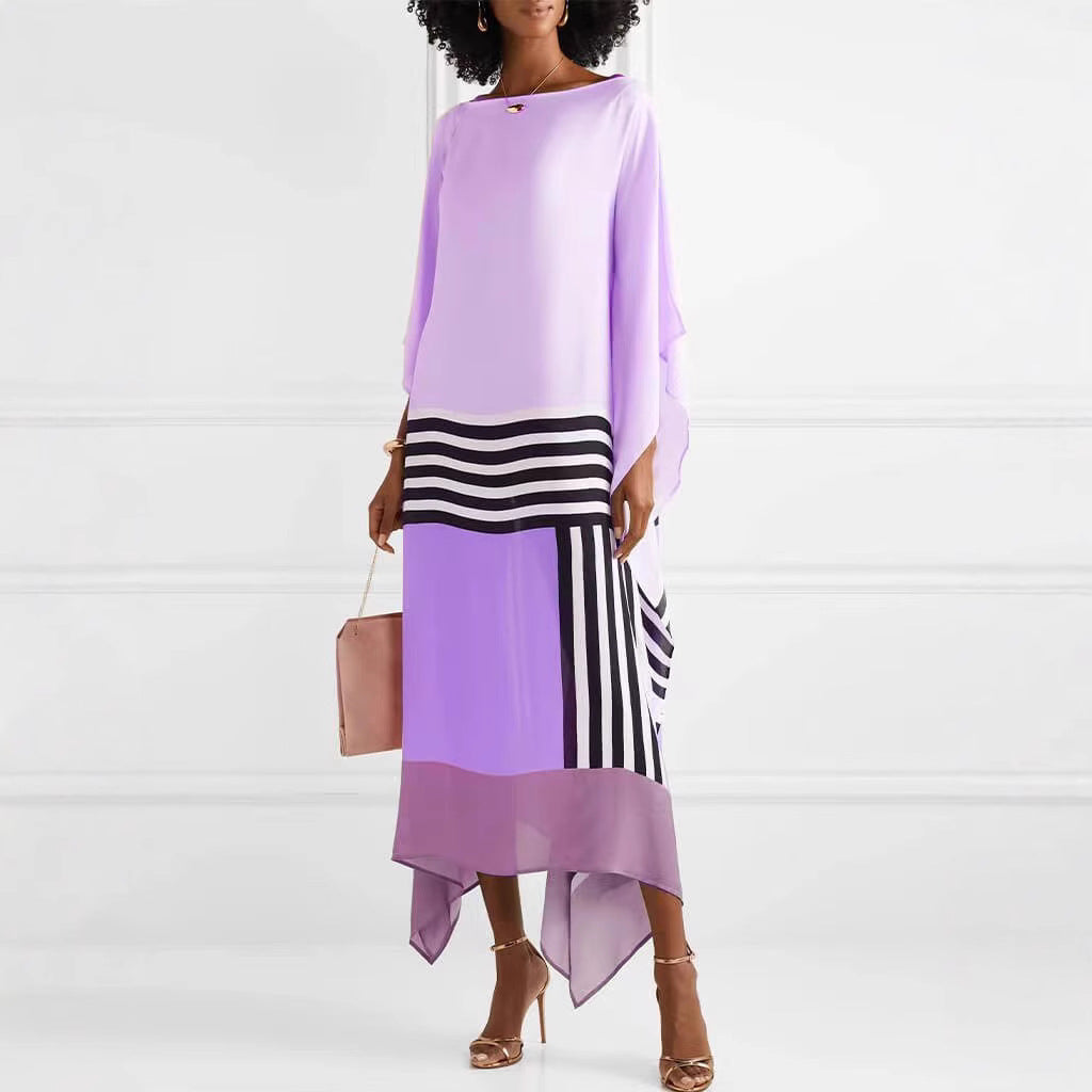 Women's Maxi Dress – One Shoulder – Loose Fit – Asymmetric Hem – Striped Design