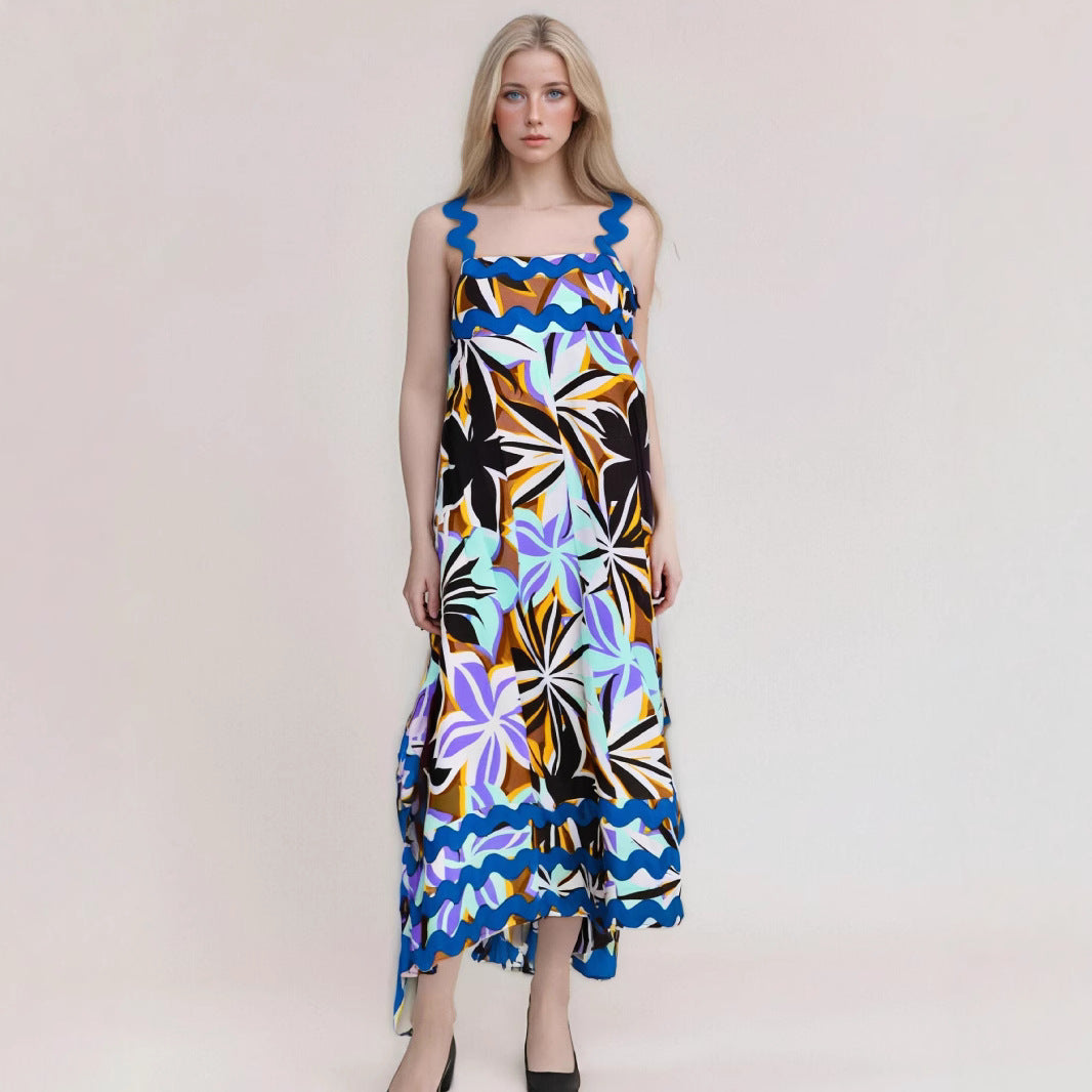 Women's Maxi Dress – Lightweight Material – Floral Print – Wavy Strap and Edge