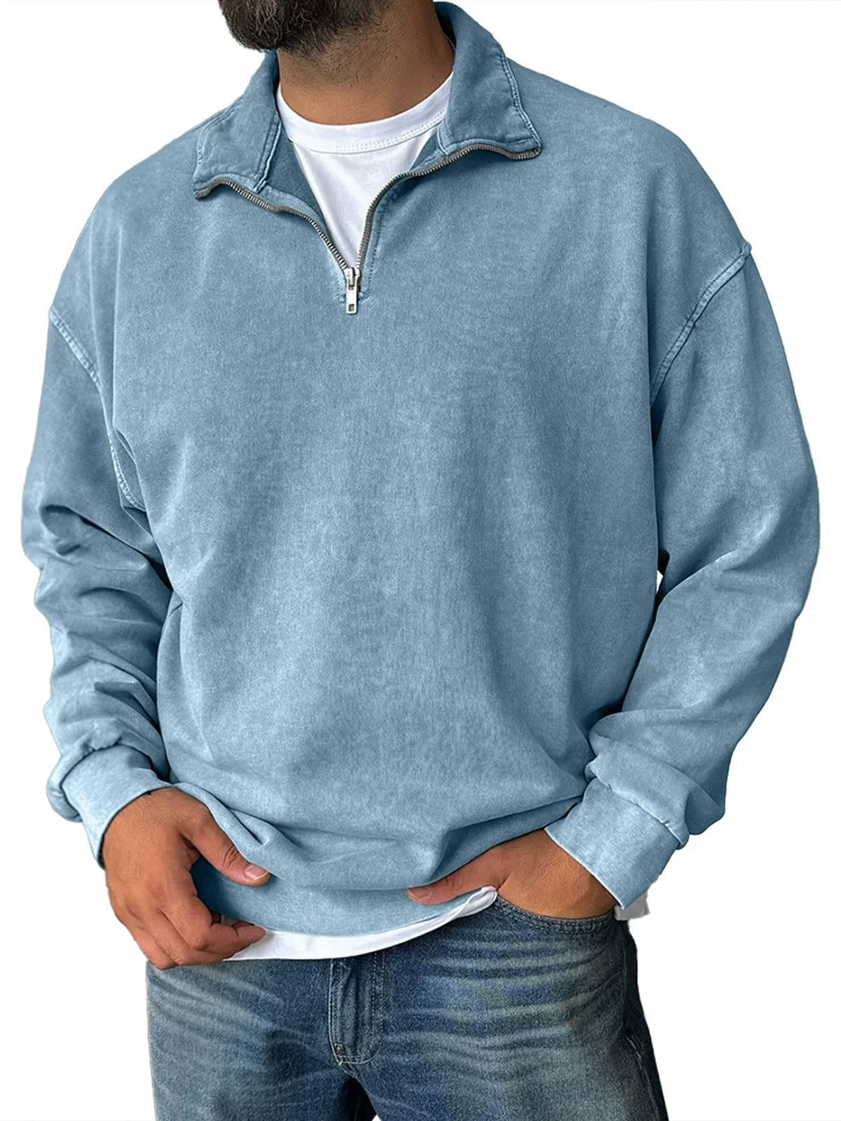 Mens Relaxed Fit Half Zip Sweatshirt With Stand Collar Cotton Blend Drop Shoulder
