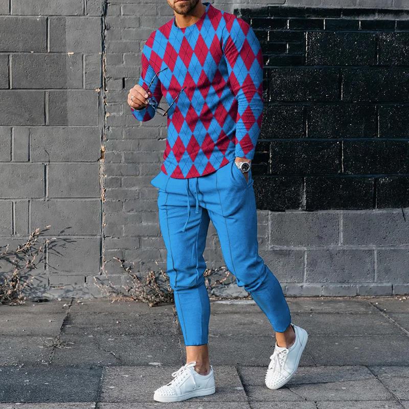 Men's Two-Piece Tracksuit Set Slim Fit With Stretch Fabric And 3D Print Pullover Top And Tapered Pants