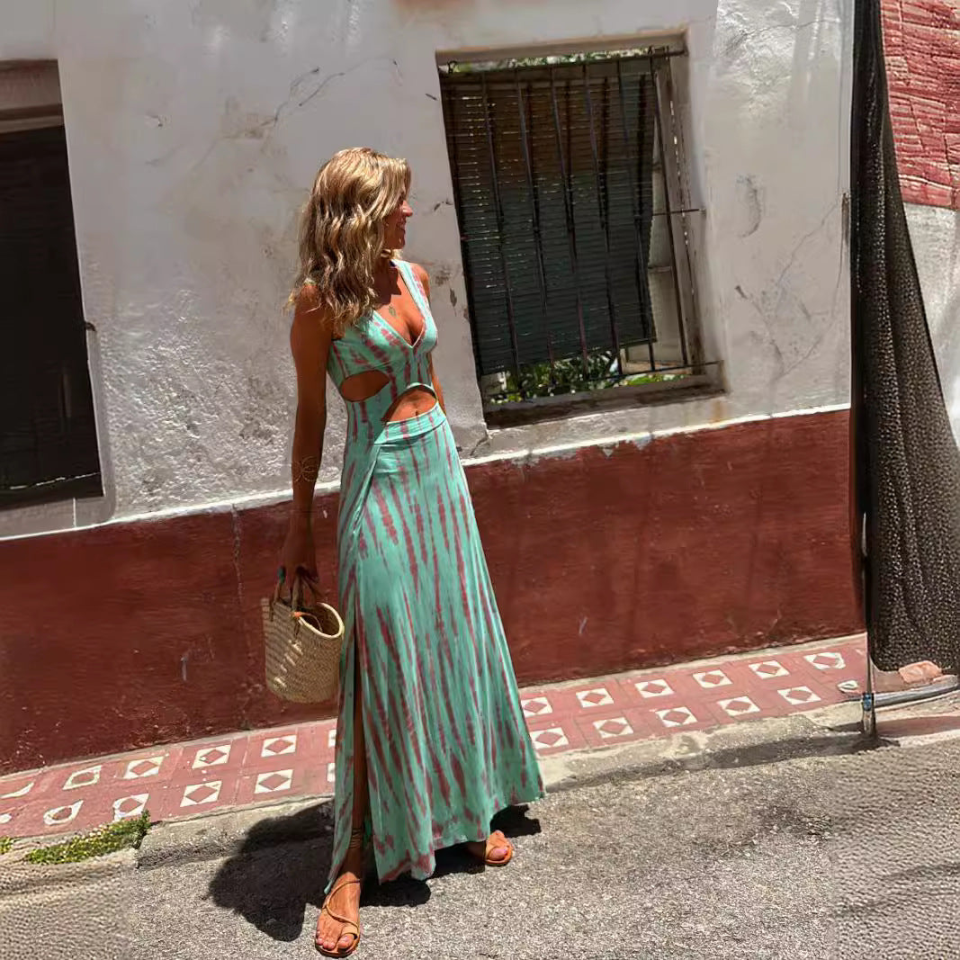 Dress for Women – Maxi Dress – Slim Fit – V-Neckline – Waist Cutouts – Lightweight Fabric