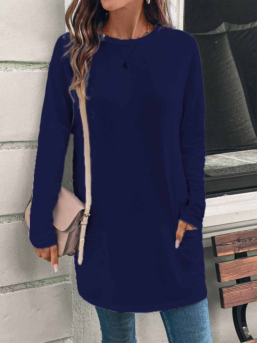 Women’s Sweatshirt – Relaxed Fit – Cotton Blend – Tunic Length – Round Neck – Hip Pockets