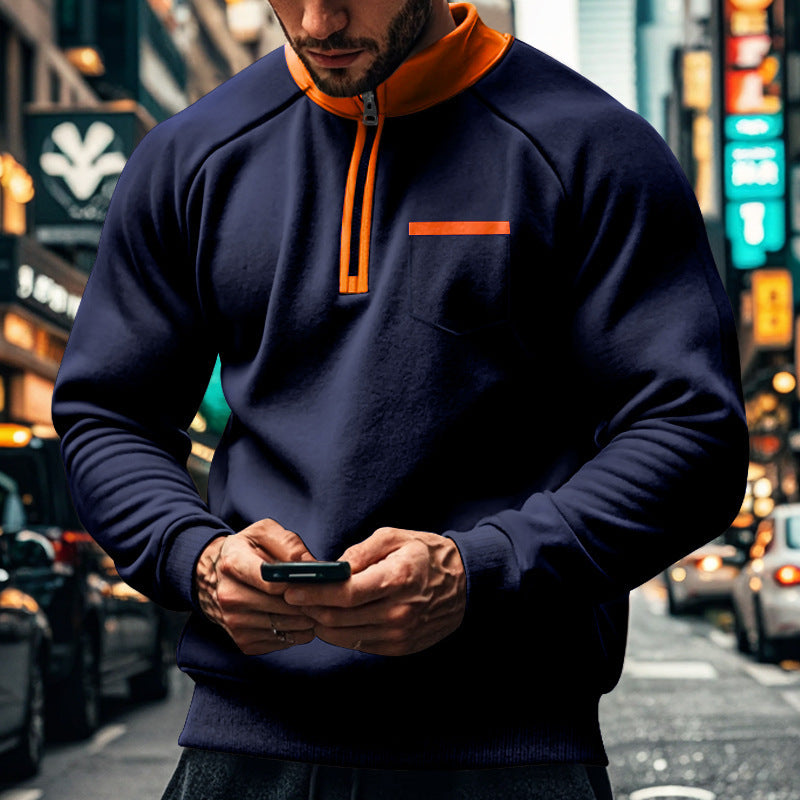 Men's Cotton Blend Zip Neck Sweatshirt With Stand Up Collar And Chest Pocket Regular Fit